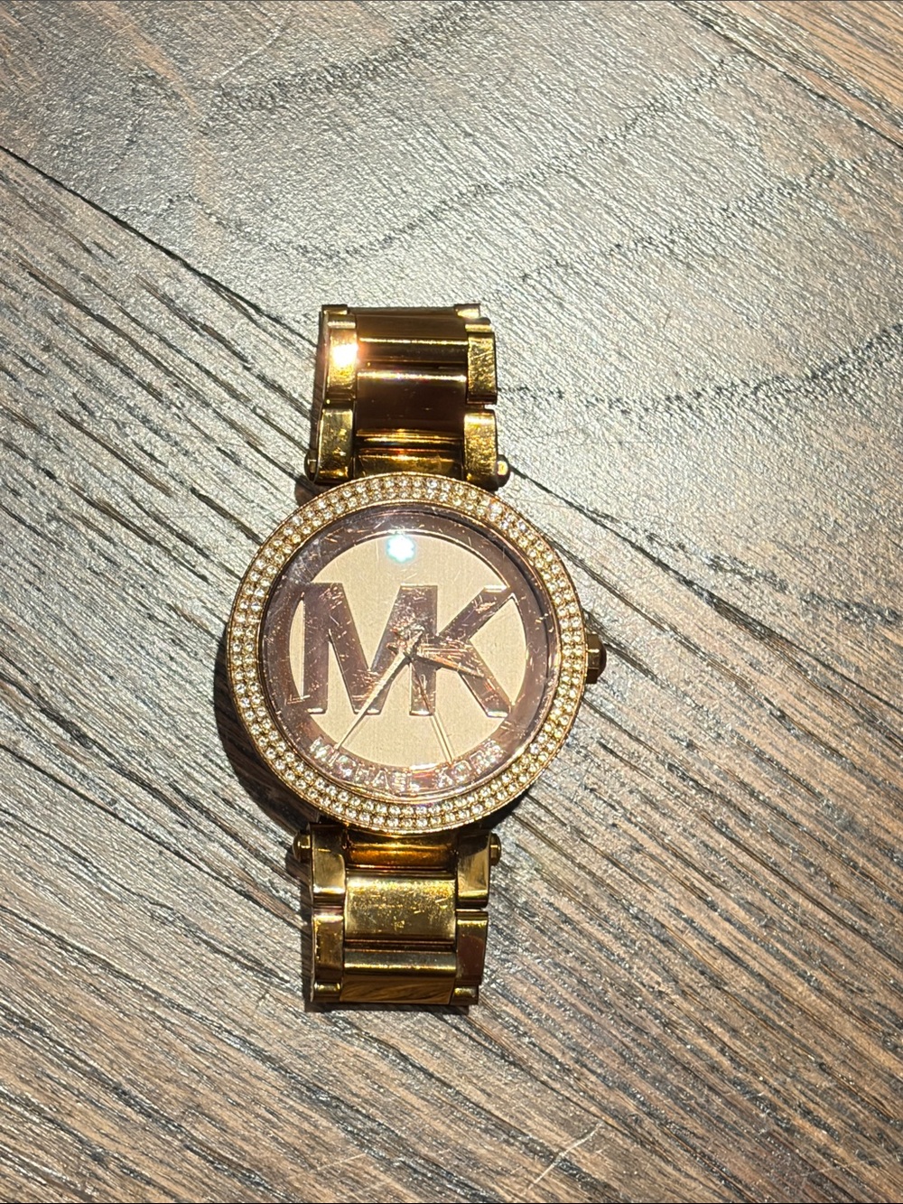 Michael Kors Rose Gold-Tone MK Logo Crystal Bracelet Watch